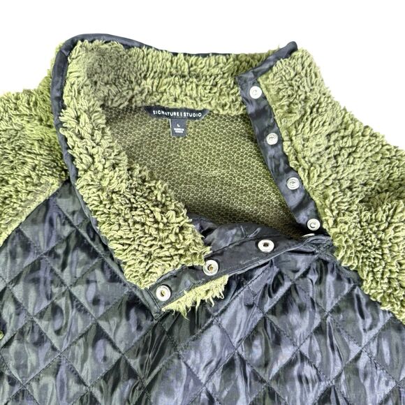 Signature Studio Army Green Fleece Sherpa Top Pullover Pockets Snap Neck Size L - Picture 6 of 12